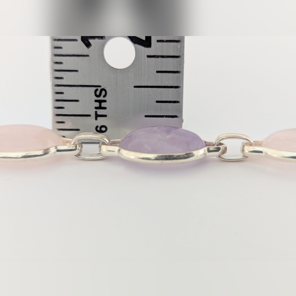Vintage '90s Amethyst & Rose Quartz Cabochon Linked Sterling Silver Bracelet - Picture 13 of 15
